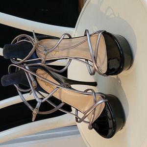 Yves Saint Laurent Black Patent Platform Sandals with Silver Strappy Laces